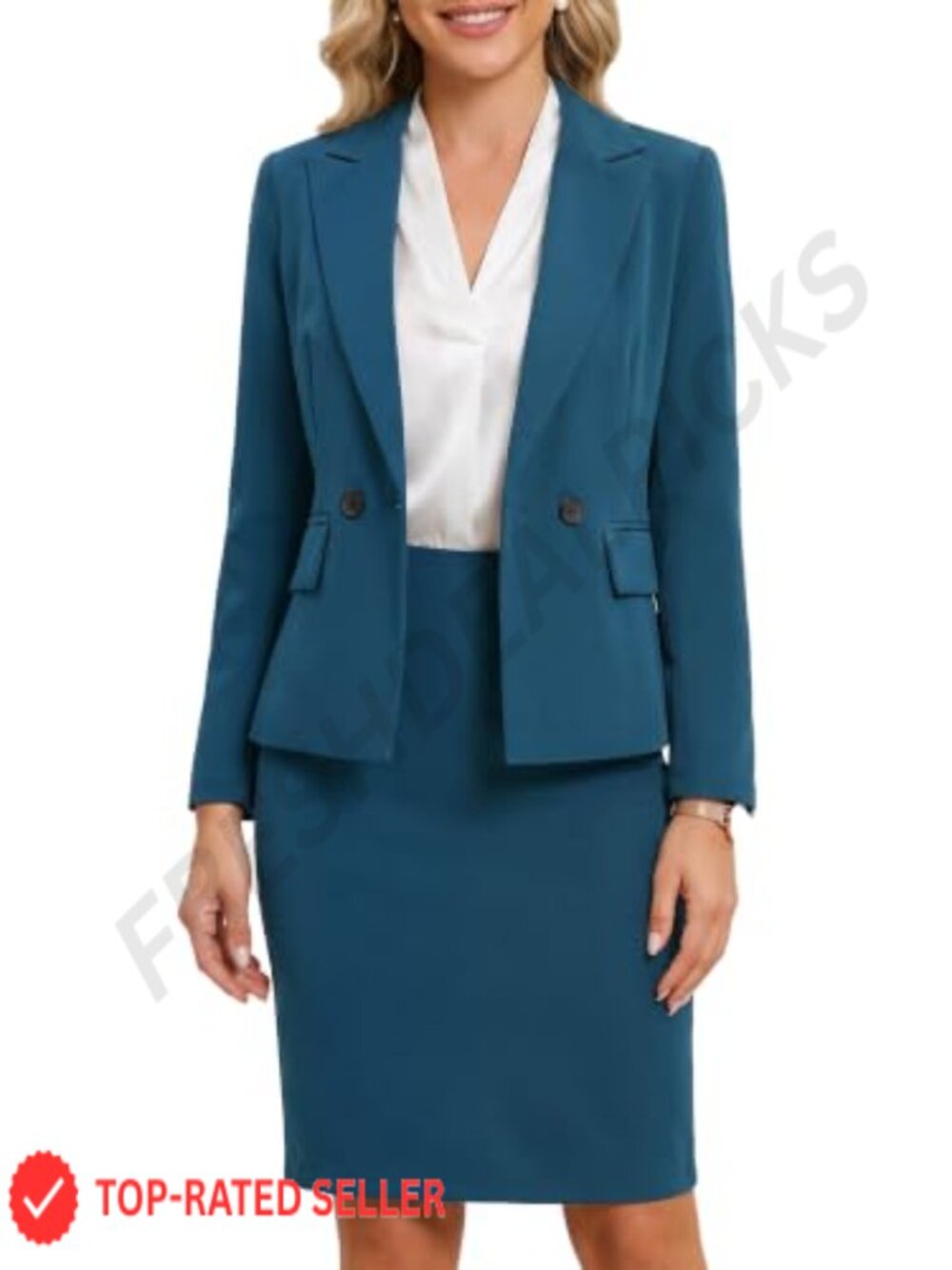 2 Piece Skirt Suit Set Double Breasted Blazer Pencil Skirt for Women Work